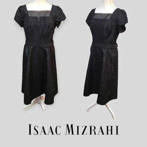 ISAAC MIZRAHI Women's Black Short Sleeve Pleated  Belted Dress Size 12